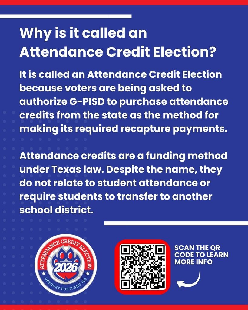 Informational graphic with a blue background titled, “Why is it called an Attendance Credit Election?” The graphic explains that voters are being asked to authorize G-PISD to purchase attendance credits from the state as a method of making required recapture payments. It further clarifies that attendance credits are a Texas school funding mechanism and are not related to student attendance or transferring students to another district. At the bottom, the Gregory-Portland ISD Attendance Credit Election 2026 logo appears next to a QR code with the text, “Scan the QR code to learn more info.” Red and white accent lines frame the design.
