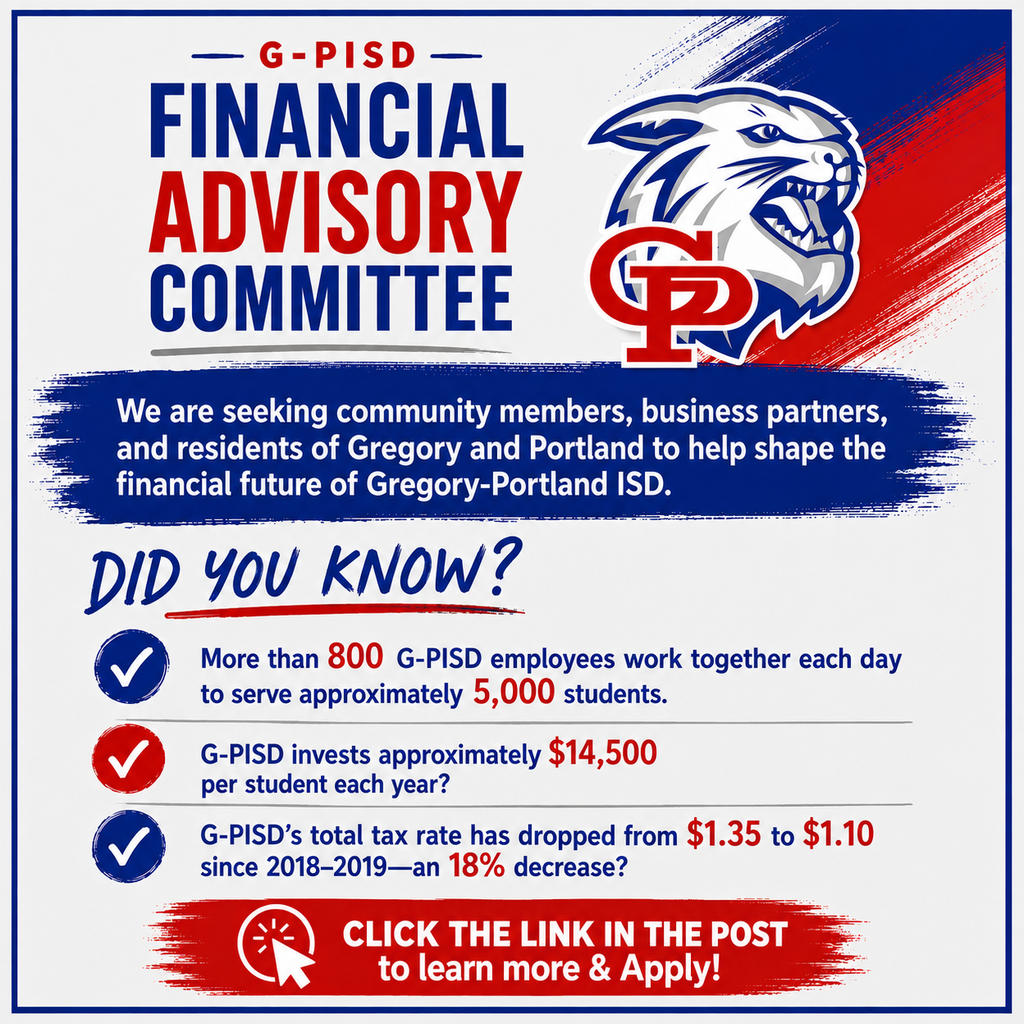 Blue, white, and red image promoting a Financial Advisory Committee for G-PISD. Includes statistics about the school district and a call to action to learn more and apply.
