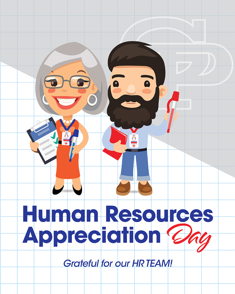 Cartoon characters representing a human resources team, with the text "Human Resources Appreciation Day Grateful for our HR TEAM!"