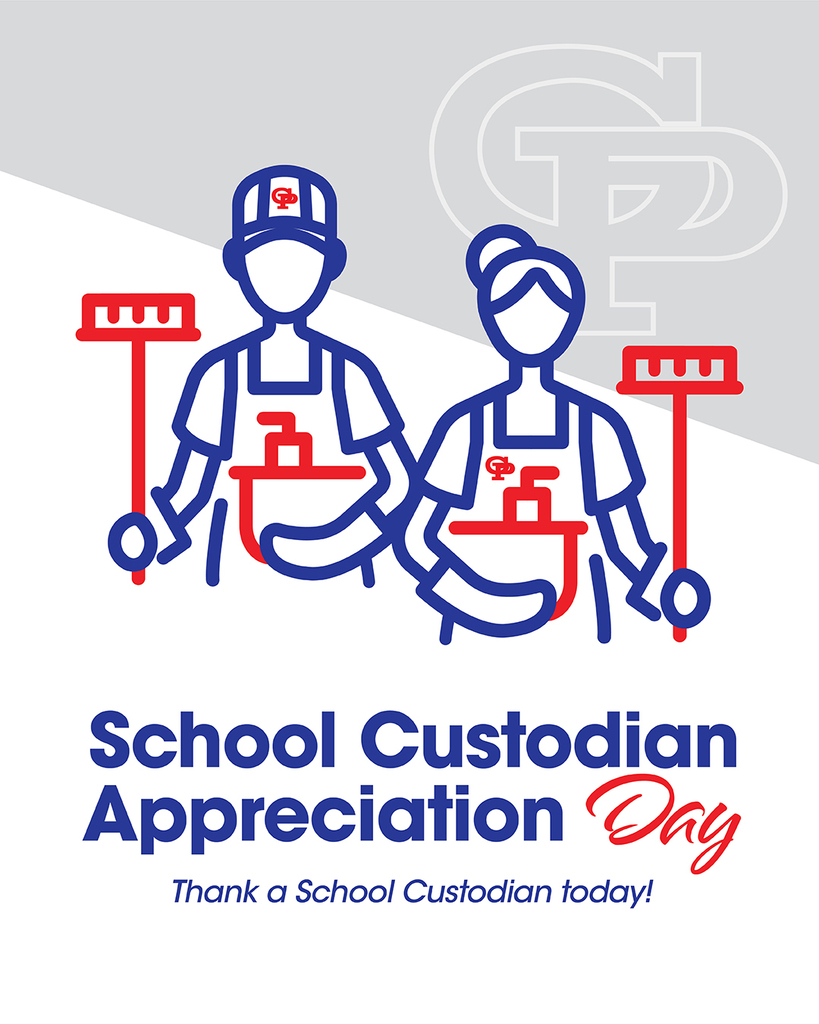 The image depicts two cartoon-style custodians, a man and a woman, with cleaning tools. The text reads "School Custodian Appreciation Day. Thank a School Custodian today!"