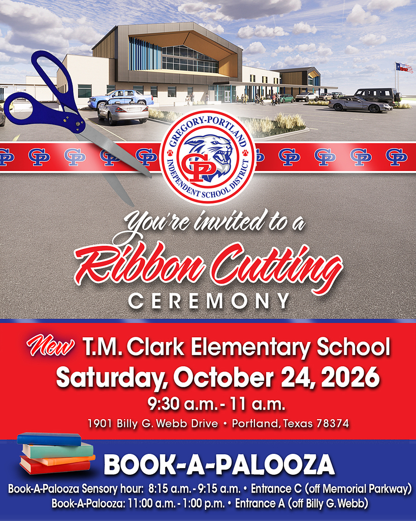 Ribbon cutting ceremony invitation for new T.M. Clark Elementary School on October 24, 2026, featuring school building photo, blue scissors graphic, and Book-A-Palooza details.
