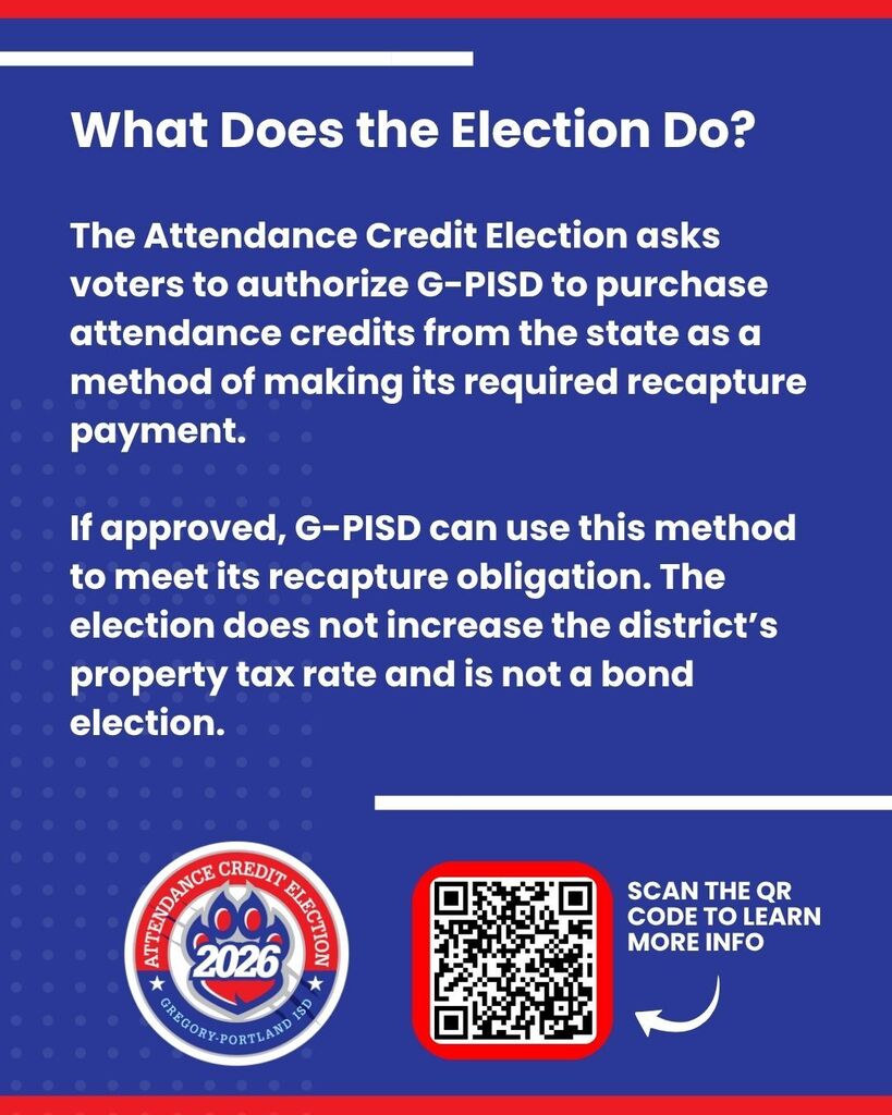 Election information graphic with blue background explaining the Attendance Credit Election for G-PISD, featuring a circular 2026 logo and QR code for more information.