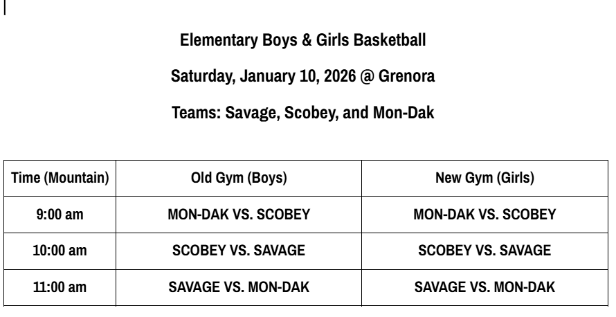 Elementary Basketball Schedule @ Grenora on Saturday 1/10