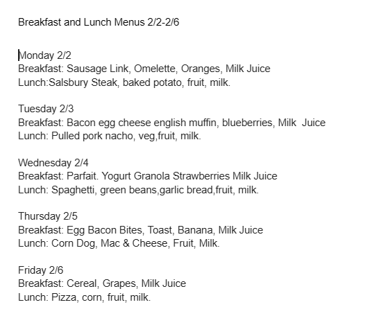 Breakfast and Lunch Menus 2/2-2/6