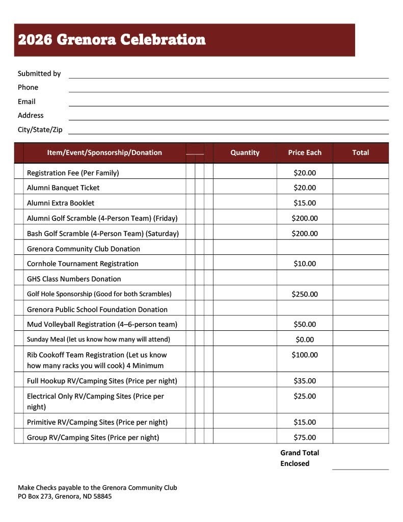 2026 Grenora Celebration registration form- paper copy