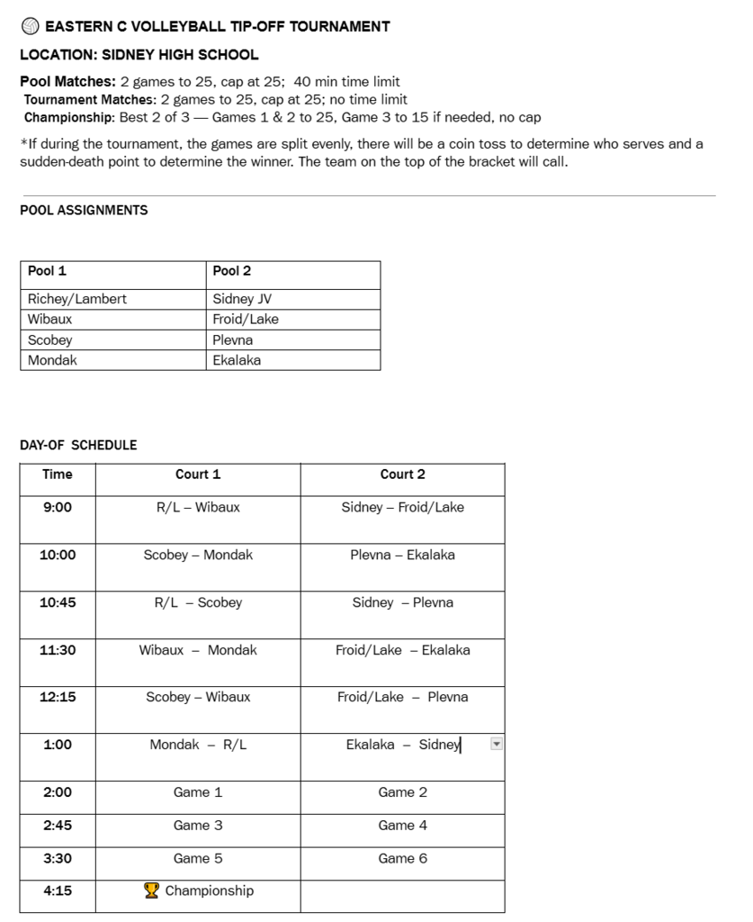 Volleyball Schedule for Saturday 8/29