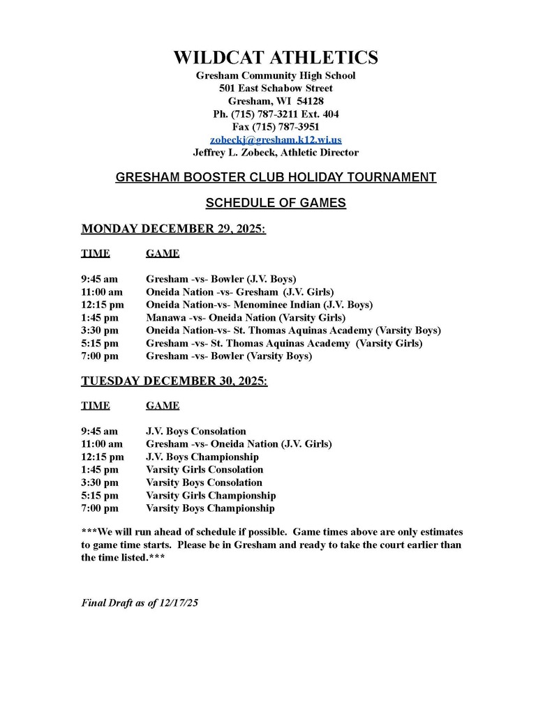 Gresham Holiday Tournament 2025 Schedule