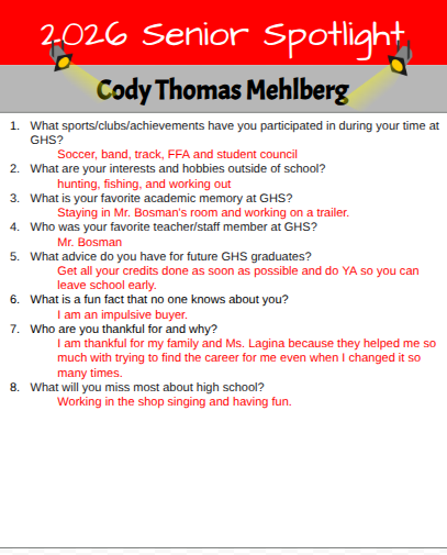 Senior Spotlight  - Cody Mehlberg