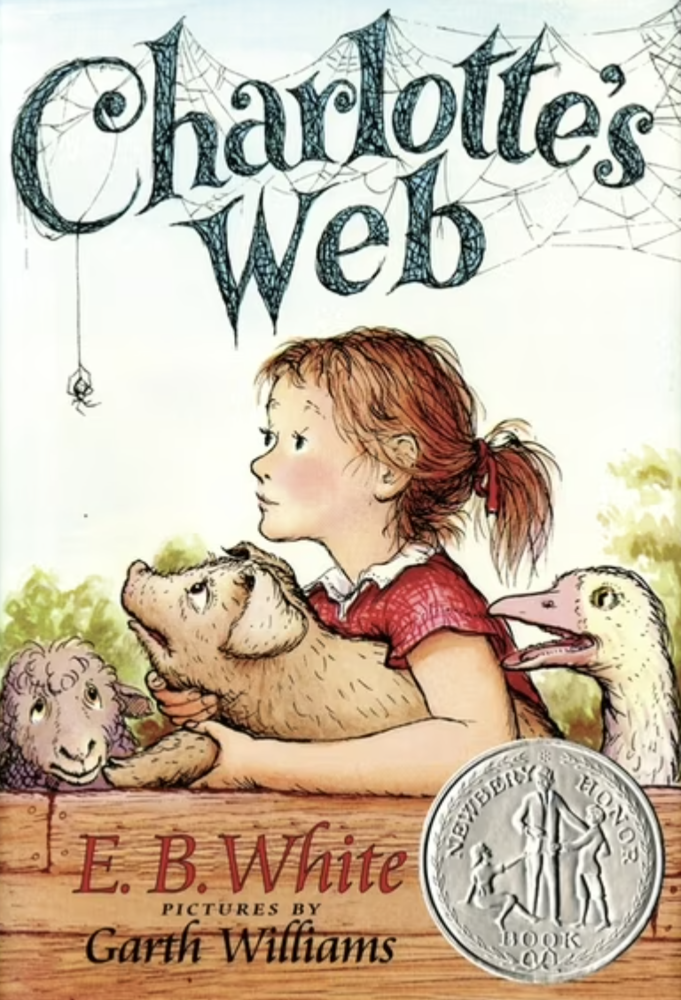 Book cover of Charlotte's Web showing a girl and some farm animals
