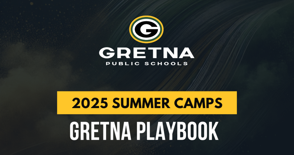 Gretna public schools logo with a g and text reading 2025 Summer Camps Gretna Playbook