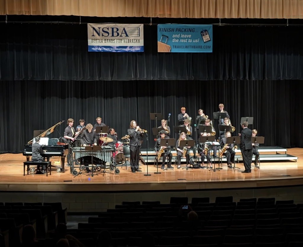 A group of Gretna East Students performs on stage at the Jazz Band Festival