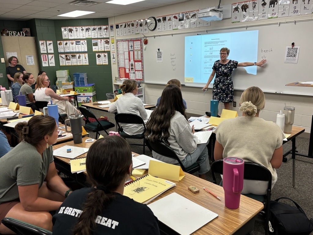 classroom of new teachers sitting at desks all eyes on presenter at the whiteboard showing reading techniques