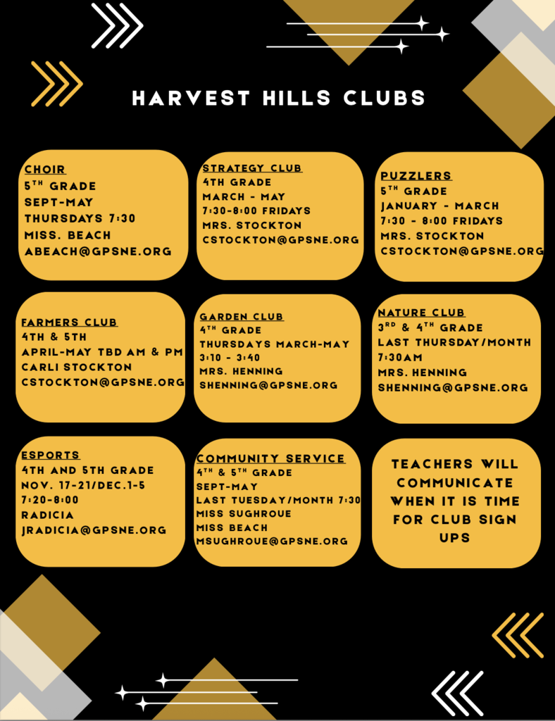 A list of clubs at Harvest Hills