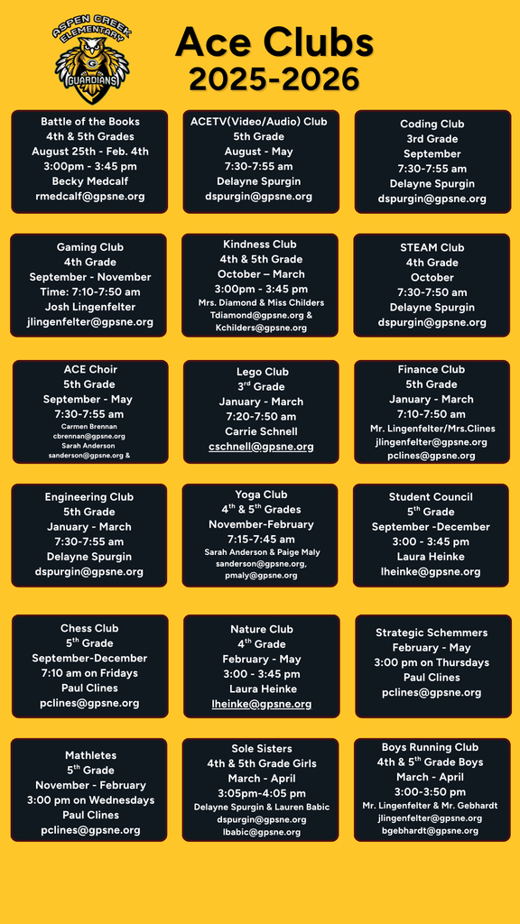 Image sharing all the clubs that will be offered this school year at Aspen Creek Elementary.