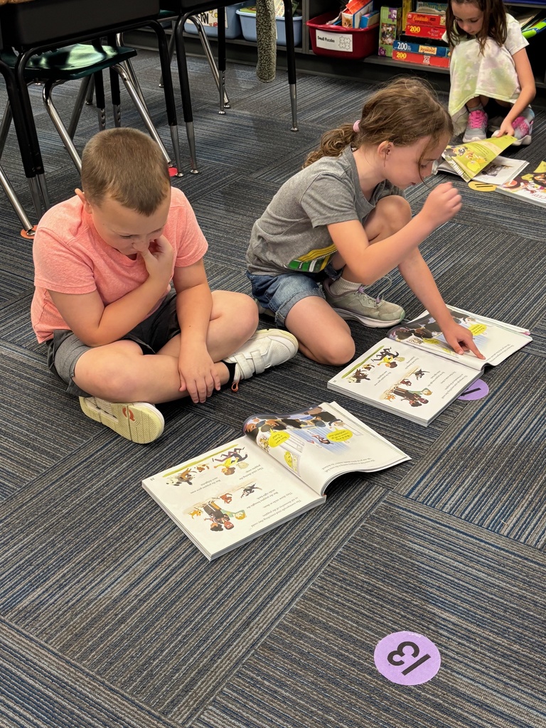 A boy and a girl sitting on the ground reading a picture book.