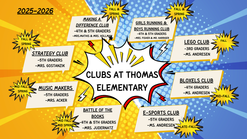 Image showing all of the sponsored clubs at Thomas Elementary for the 2025-2026 school year. 