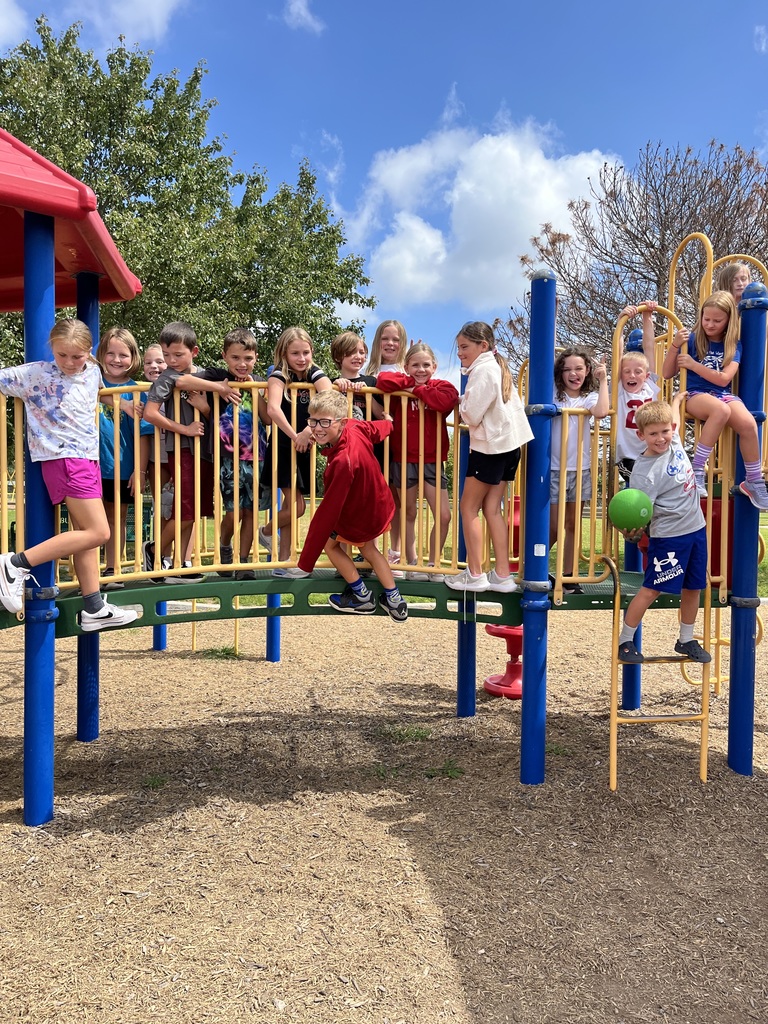A group of children standing or hanging from a playground bridge with a sunny sky in the background.