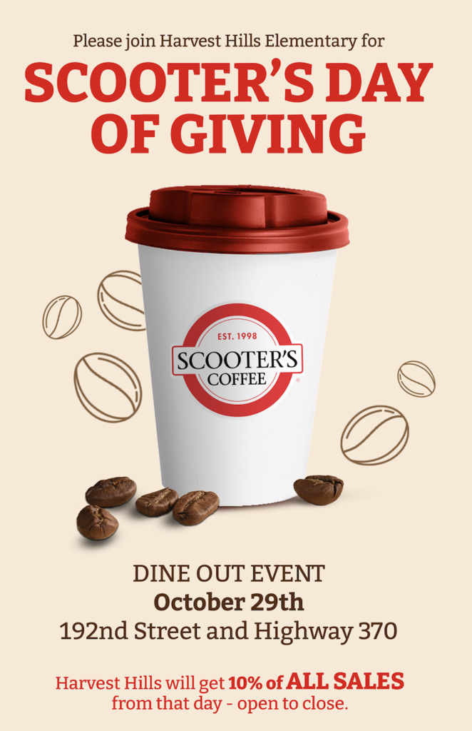 promotional flyer for scooters coffee to support Harvest Hills Elementary