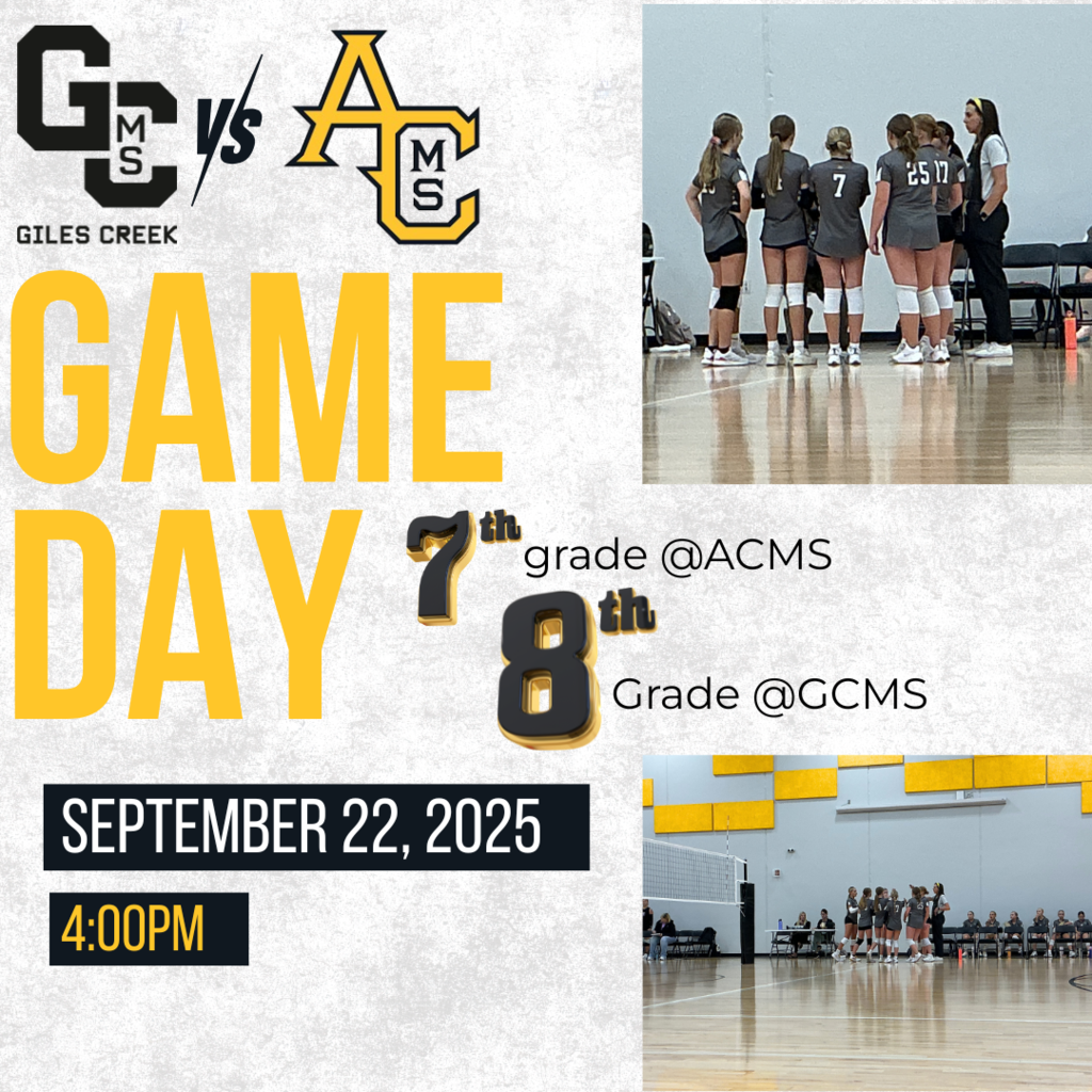 Giles Creek Middle School vs. Aspen Creek Middle School - Volleyball Game Day on September 22, 2025 at 4:00 PM. 7th grade will play at ACMS, and 8th grade will play at GCMS.