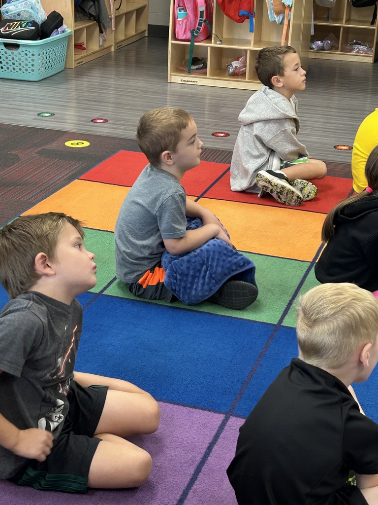 Students sitting on a colored rug listening intently to someone at front of room.