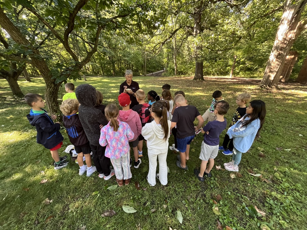 3rd graders on a field trip outside learning about trees.