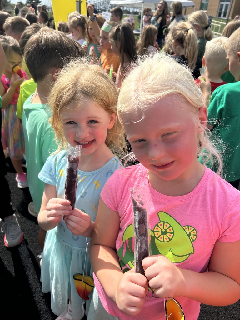 Two girls wearing colorful shirts eating purple popsicles.