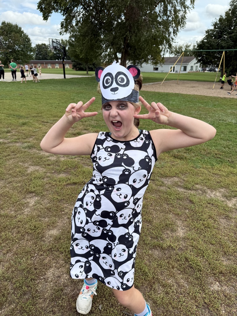 A girl standing in a grass field with a panda dress wearing a panda paper head band.