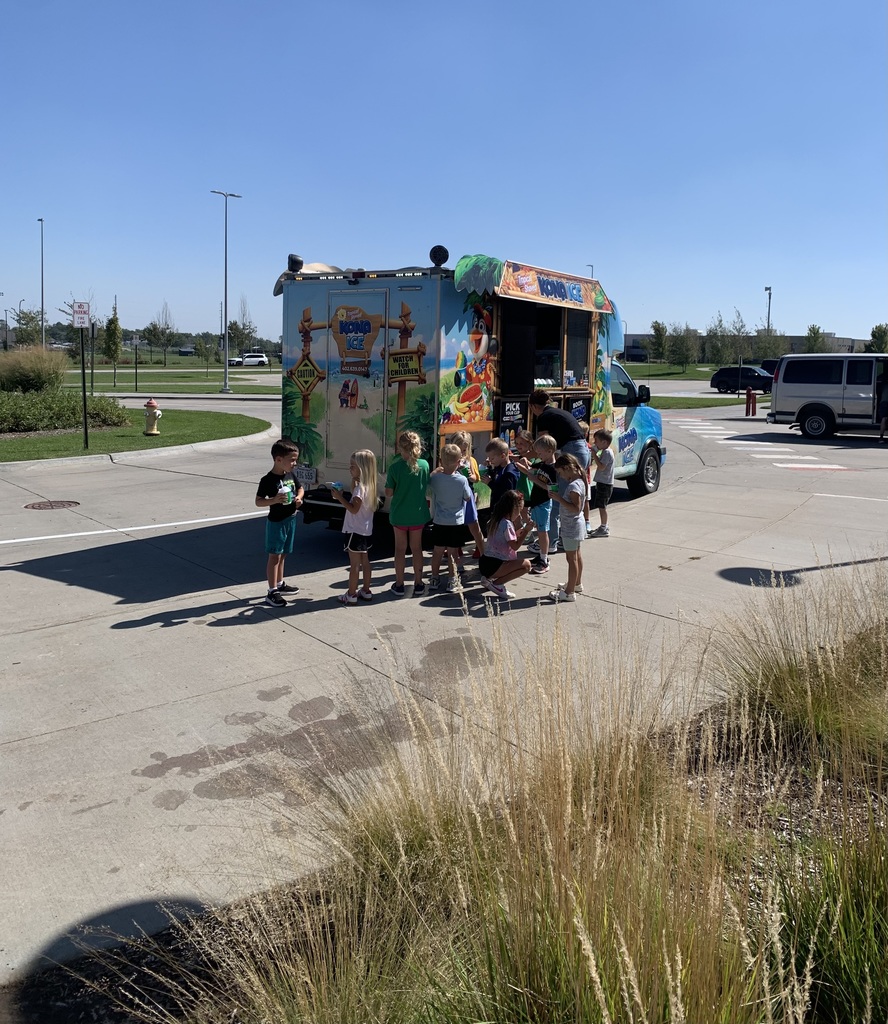 A group of children are lined up in front of the back of the Kona Ice truck, holding their cups of shaved ice. A boy in a black and teal shirt stands at the head of the line and smiles.