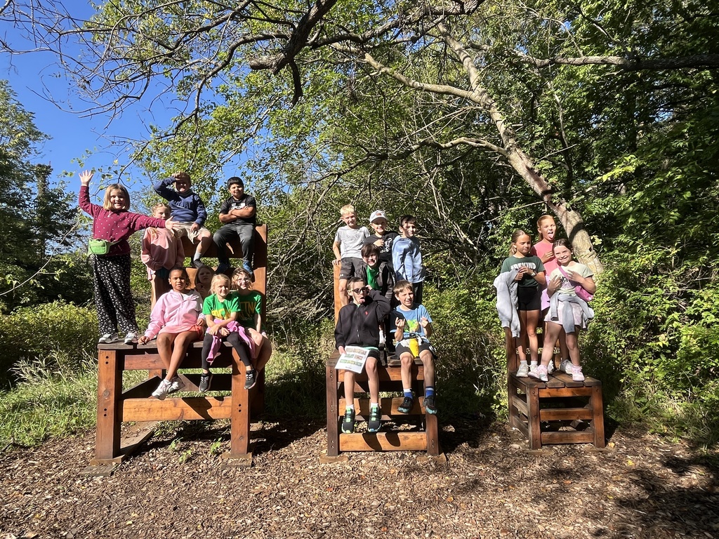 Group of students sitting and standing on large wooden chairs with trees in the background.