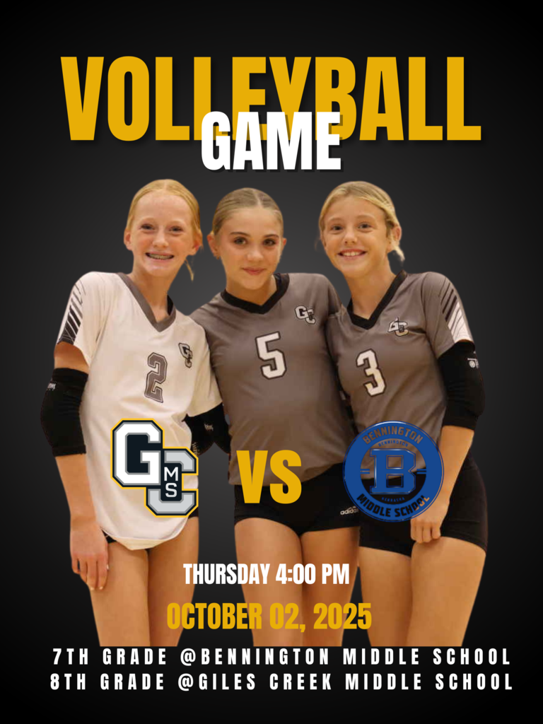 Photo of three volleyball players with text: Volleyball Game on Thursday, October 2, 2025, at 4:00 PM. GCMS vs. Bennington Middle School. 7th grade is at Bennington Middle School. 8th grade is at Giles Creek Middle School.