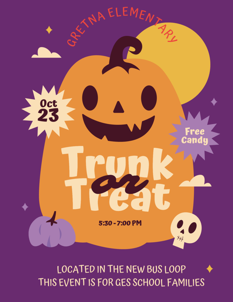Trunk or Treat flyer with a pumpkin visible showing October 23rd from 5:30-7:00