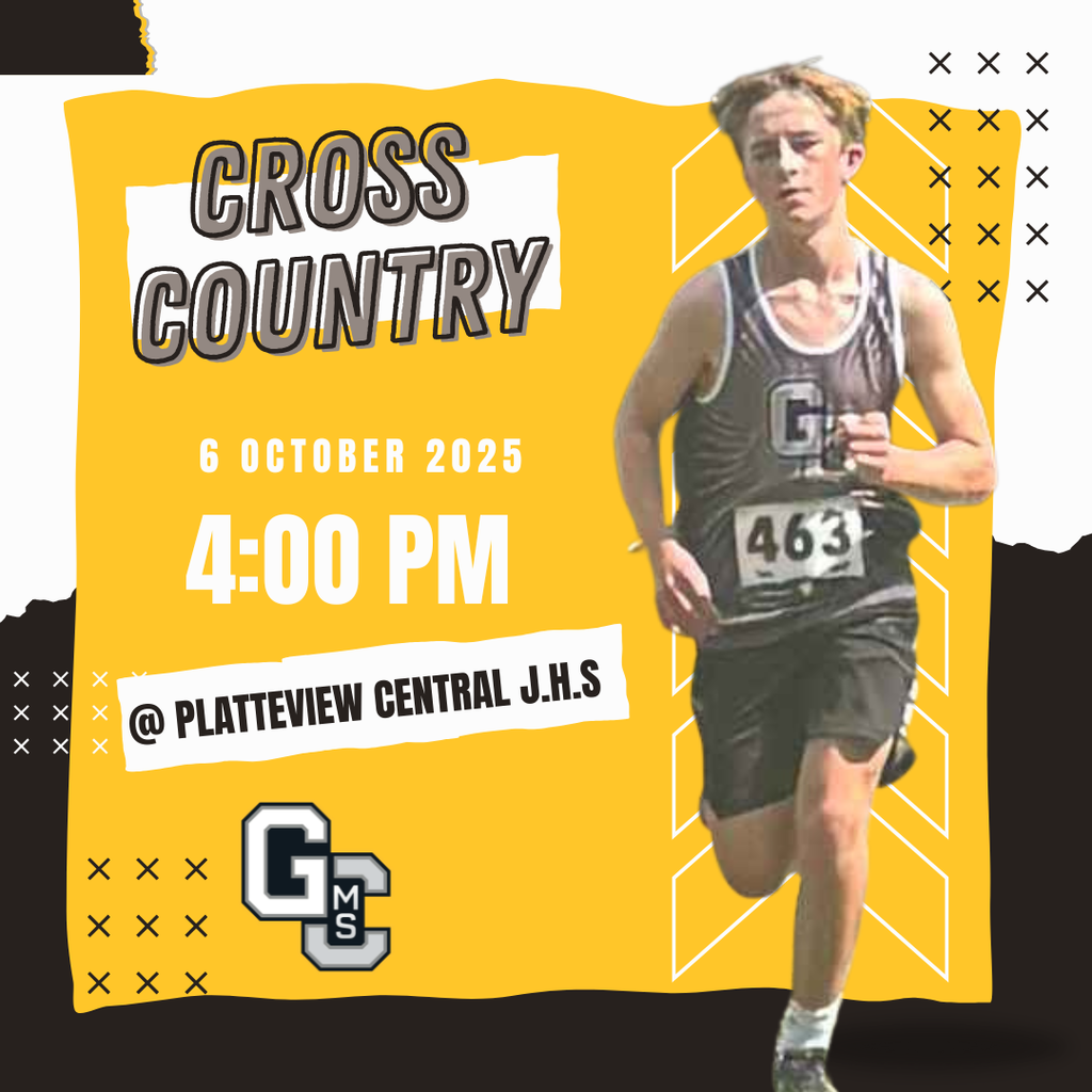 Photo of a runner with text: Cross Country - 6 October 2025 at 4:00 PM at Platteview Central JHS.