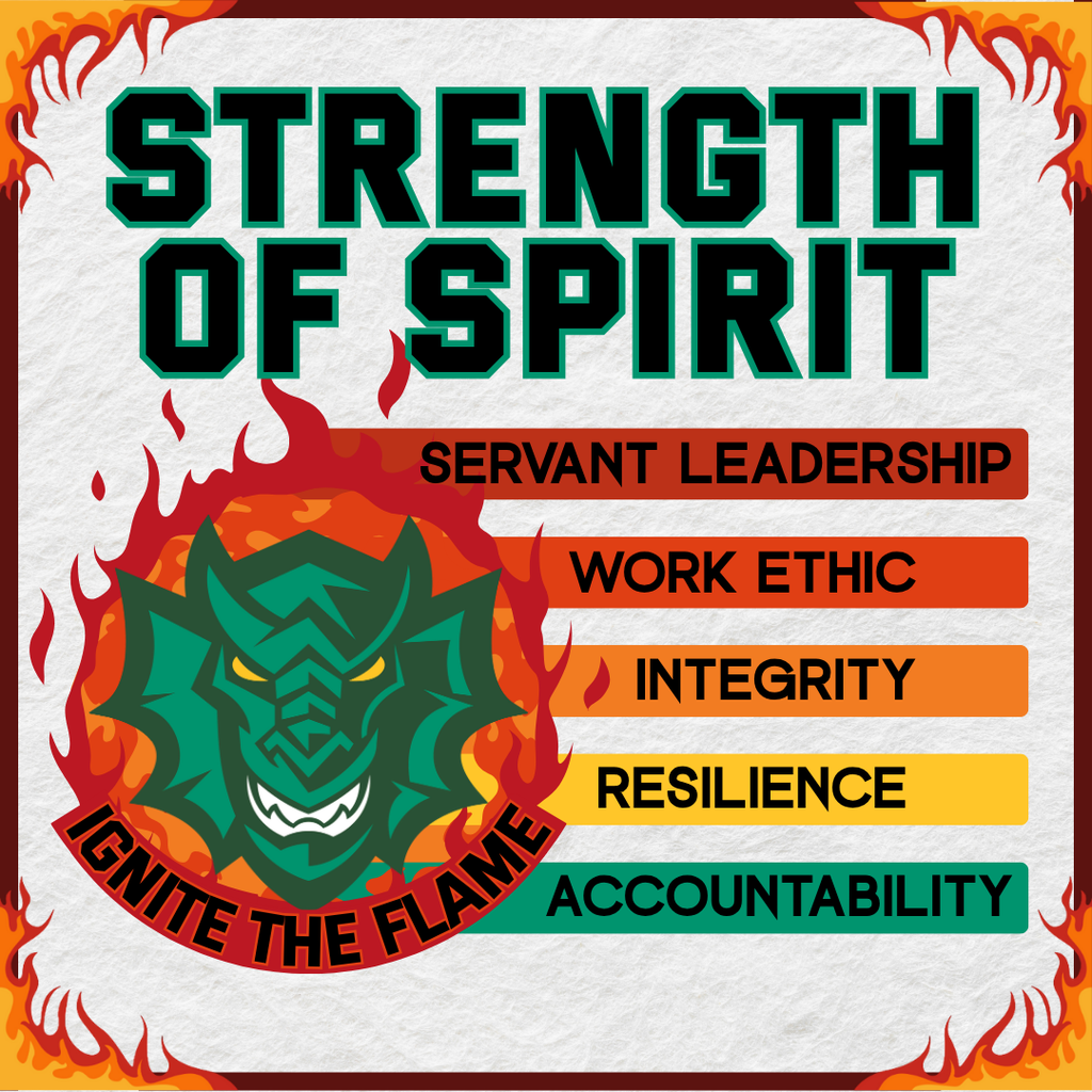 Strength of Spirit - Servant Leadership, Work Ethic, Integrity, Resilience, Accountability. Dragon logo with Ignite the Flame