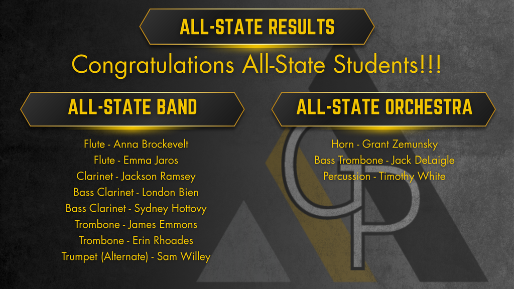 Congrats All-State Band & Orchestra. All State Band: Flute - Anna Brockevelt Flute - Emma Jaros Clarinet - Jackson Ramsey Bass Clarinet London Bien Bass Clarinet Sydney Hottovy Trombone James Emmonds Trombone Erin Rhoades Trumpte (alternate) Sam Willey All State Orcehstra: Horn - Grant Zemensky Bass Trombone Jack DeLaigle Percussion - Timothy White