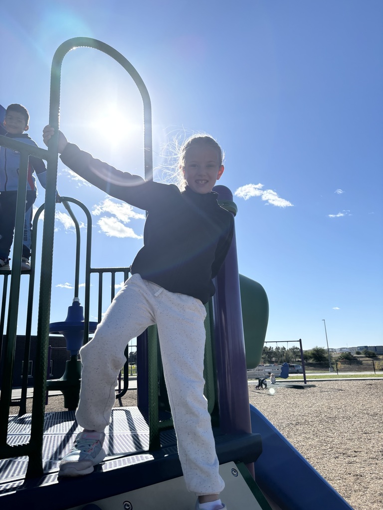 A first grade girl standing at the top of the climbing equipment smiling.