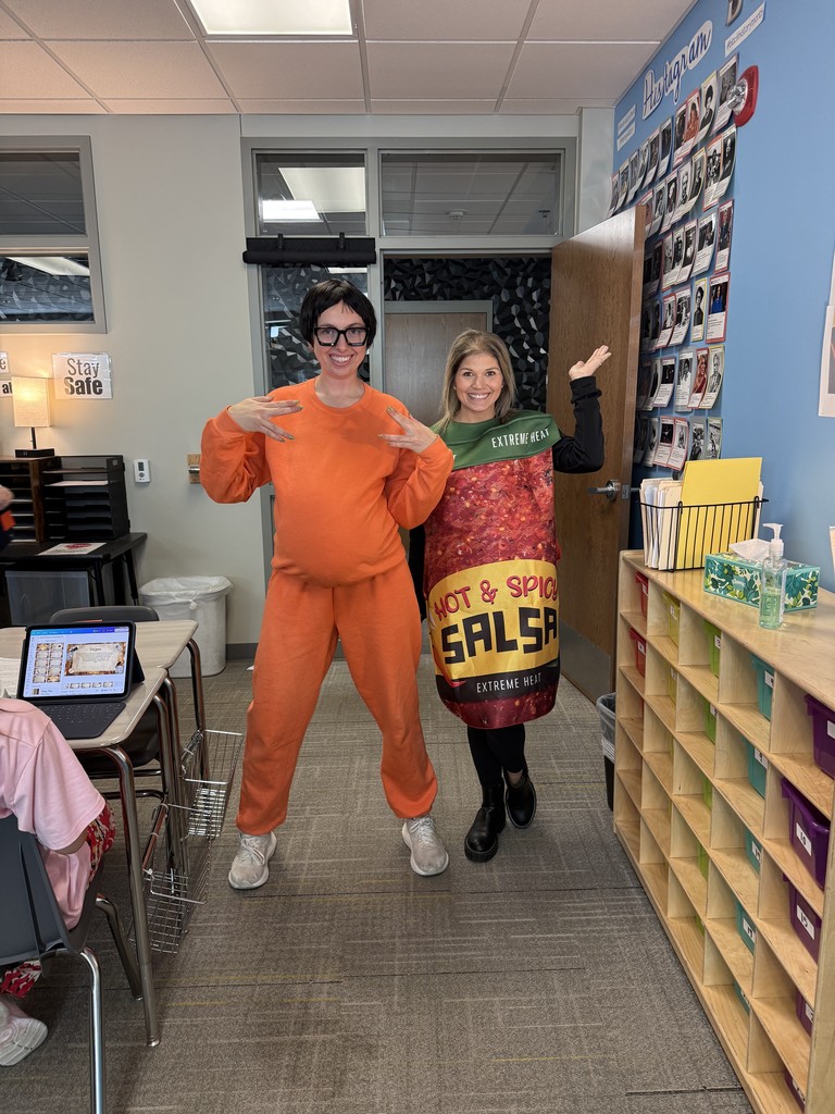 Photo of two teachers posing wearing Halloween costumes.
