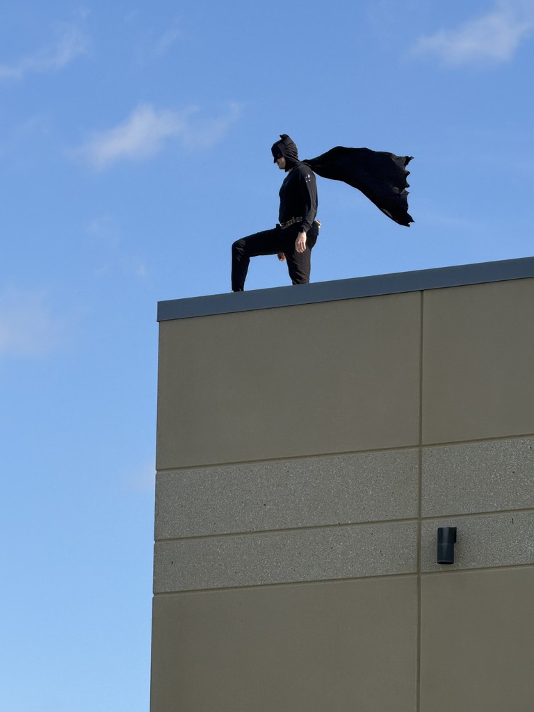 Photo of a person dressed as Batman standing on the roof.