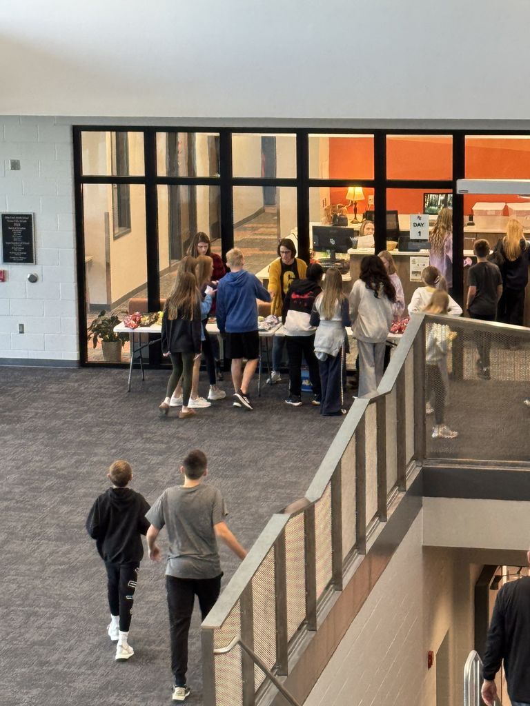 Aerial view of students lining up at a table outside a school office. There are two women at the table handing out individual bags of chips. 