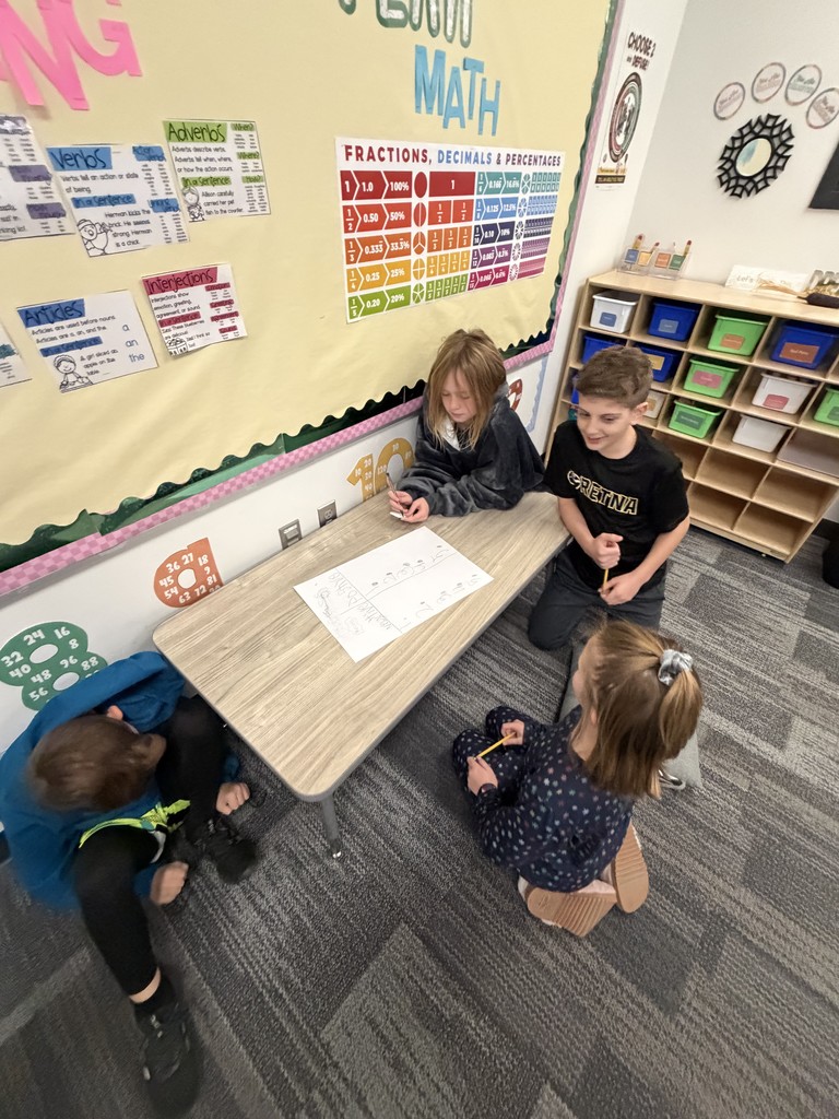 two fourth grade girls and two fourth grade boys are gathered around a table working on a poster.