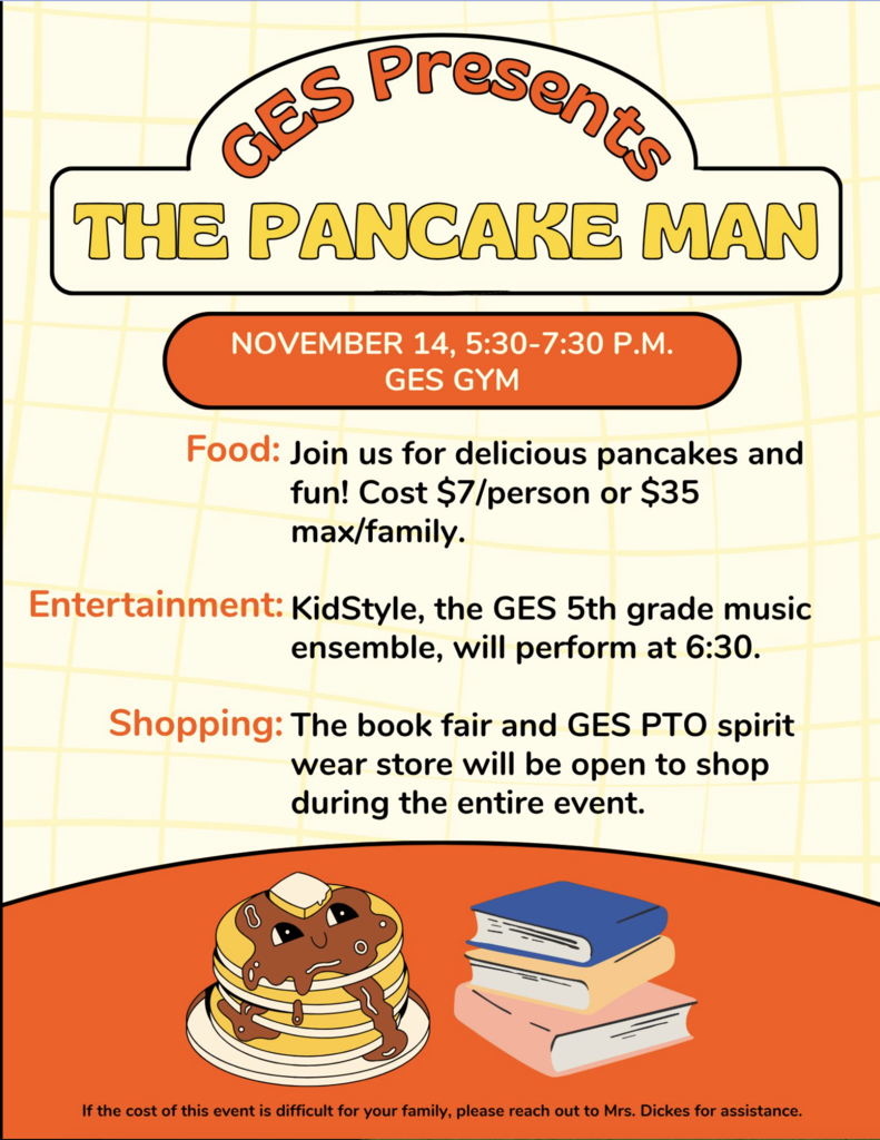 Flyer for a Pancake feed that will be at Gretna Elementary on November 14th from 5:30-7:30.