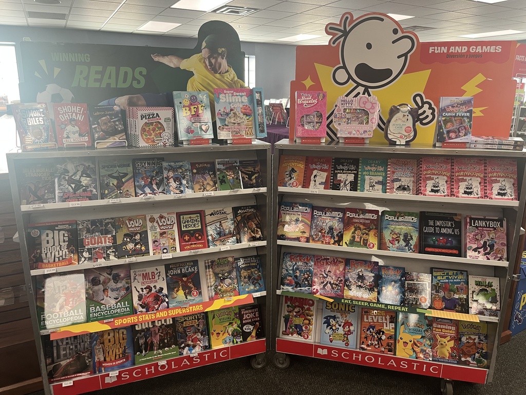 Variety of books in a case for sale during the Scholastic book fair.