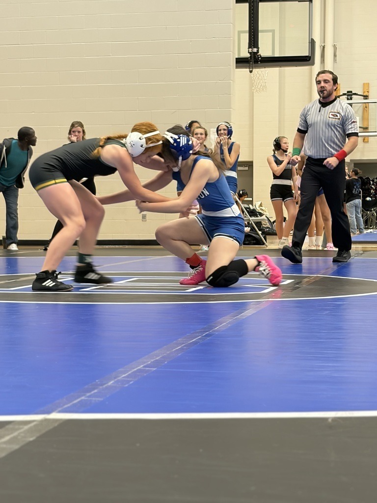 Two female wrestlers are tangled up on the mat. The male ref is behind watching the match. 