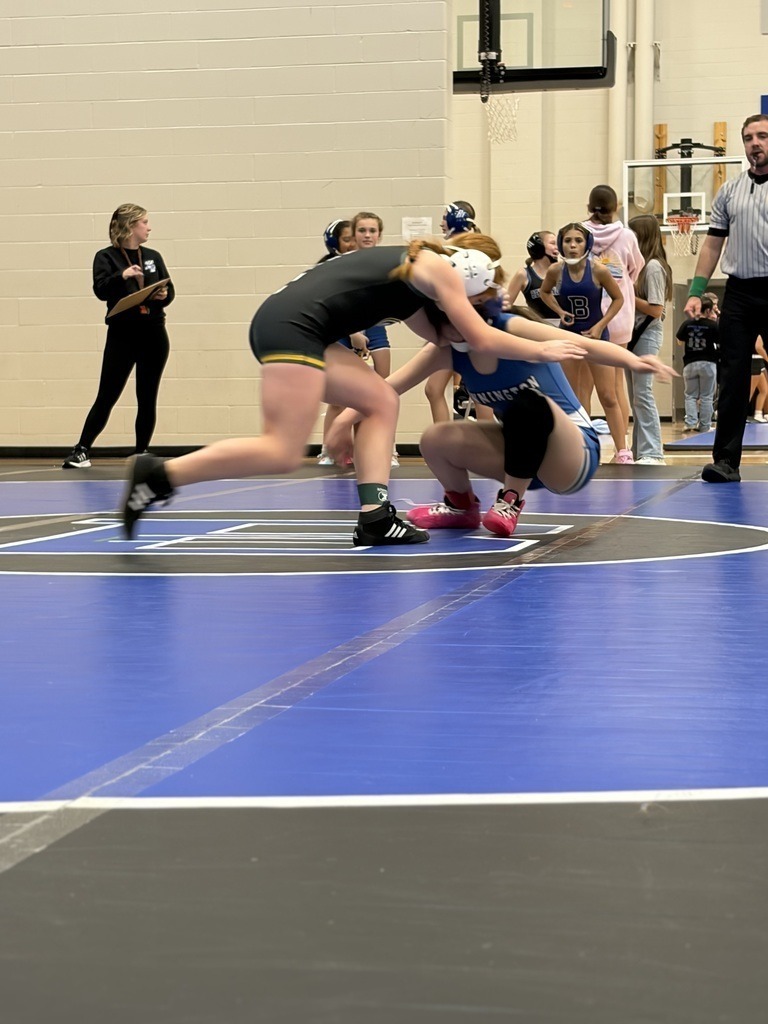Two female wrestlers are wrestling. One girl in a green singlet is taking down the other girl. 
