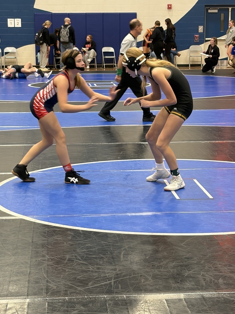 Two female wrestlers are facing off on the mat. 