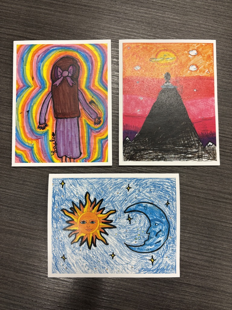 three handdrawn art one of a girl in purple dress facing away, one of a tall mounting with person on top looking at sunset, one of the sun and moon