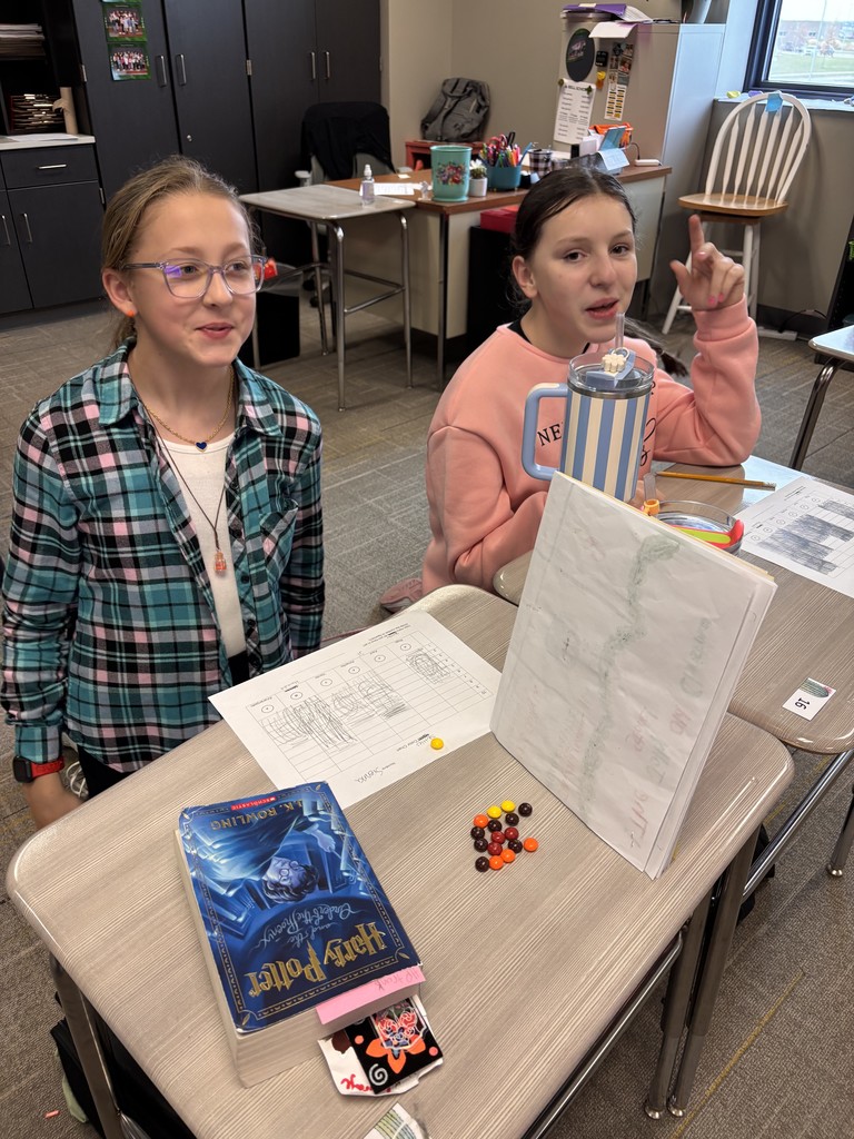 Photo of two students sitting at desks looking at the camera and smiling with Skittles and paper in front of them for their activity.