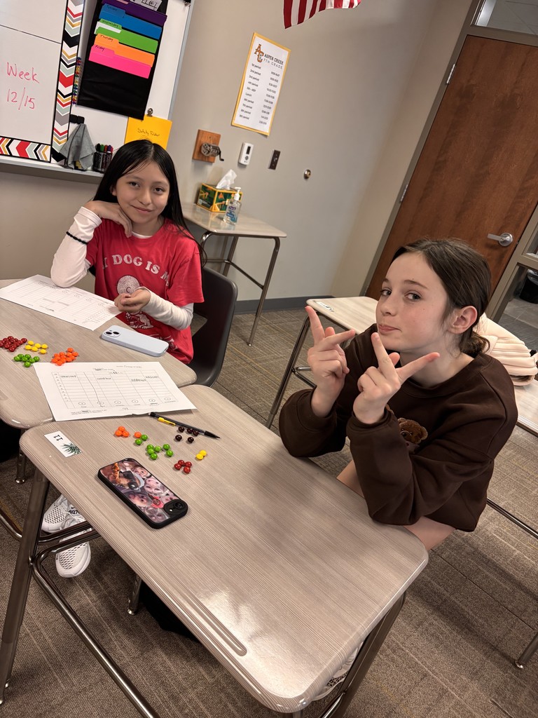 Photo of two students sitting at desks looking at the camera and smiling with Skittles and paper in front of them for their activity.