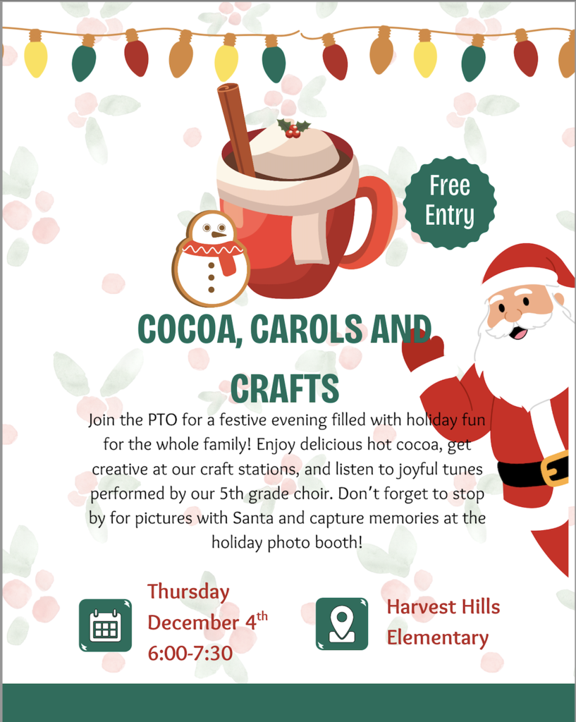 flyer for harvest hills cocoa carols and crafts