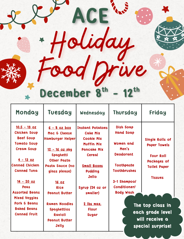A graphic featuring a partial illustration of a green and white decorated Christmas ornament with a yellow cap and a red star above it, promoting the ACE Holiday Food Drive from December 8th to 12th. The page also contains a table detailing daily donation themes and suggested non-perishable food and essential items for each day of the week, with a note that the top class in each grade level will receive a special surprise.