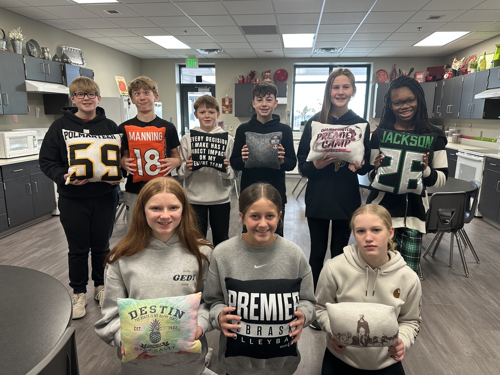 Photo of two rows of 7th grade students holding the pillows they sewed for FCS class. There are three students in the front row and six students in the back row.